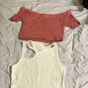 Women's Off-Shoulder Buttoned Top and Ribbed Tank Set of 2